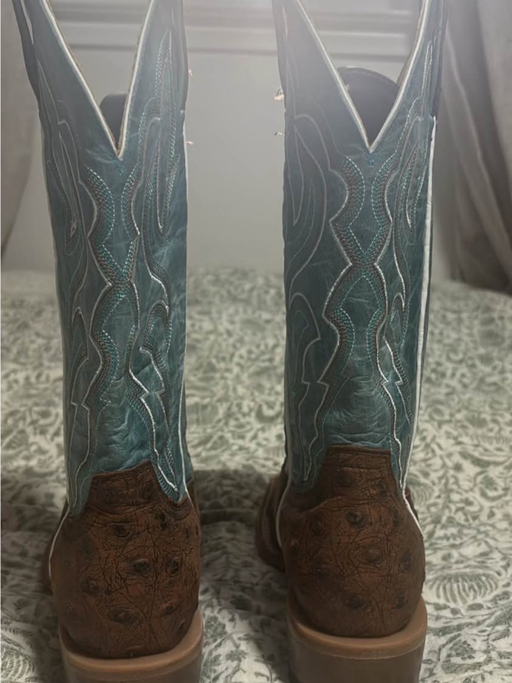 Women’s Brown Ostrich Leather Western Boots with Teal Shaft - Picture 2 of 7
